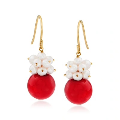 Ross-simons 10-10.5mm Red Coral And 3-4mm Cultured Pearl Cluster Drop Earrings In 14kt Yellow Gold