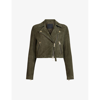 Allsaints Womens Emerald Green Dalby Cropped Suede Biker Jacket