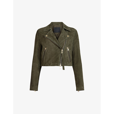 Allsaints Womens Emerald Green Dalby Cropped Suede Biker Jacket In Emerald Green