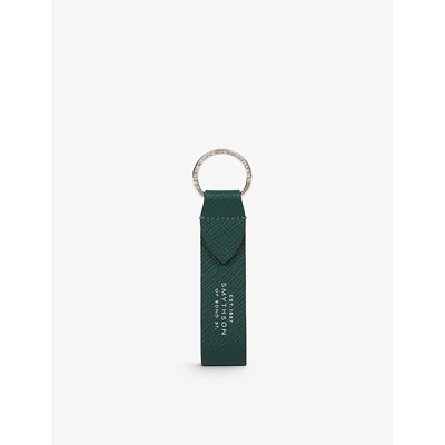 Smythson Keyring With Leather Strap In Panama In Forest