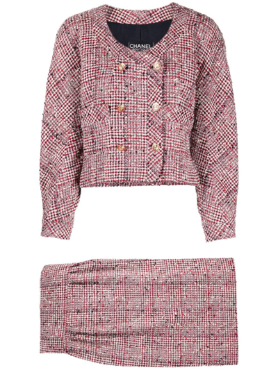 Pre-owned Chanel 1993 Double-breasted Tweed Skirt Suit In Red