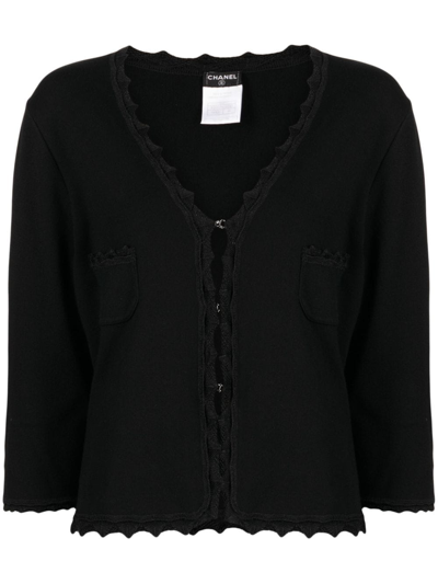 Pre-owned Chanel Crochet-trim V-neck Cardigan In Black