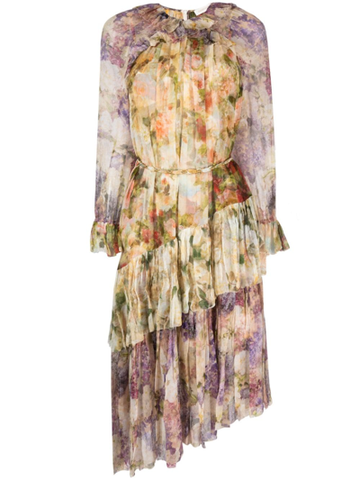 Zimmermann Neutral Luminosity Floral-print Silk Midi Dress In Brown
