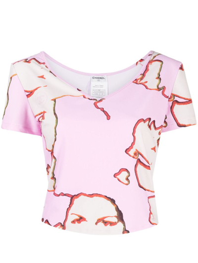 Pre-owned Chanel 2000 Mademoiselle-print V-neck T-shirt In Pink