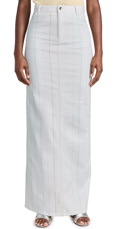 Bruceglen Pinstripe Printed High Waist Maxi Denim Skirt In White Pinstripe