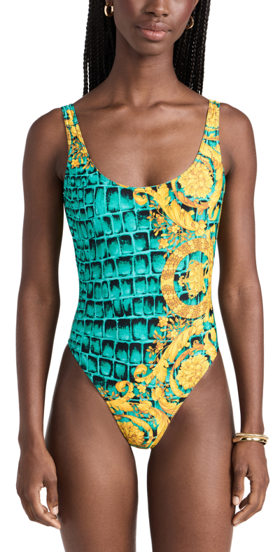 Versace Baroccodile Print One-piece Swimsuit In Multicolor