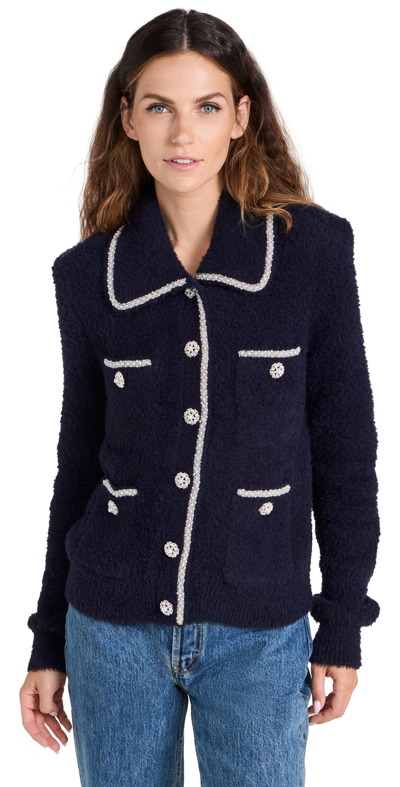 Self-portrait Womens Navy Contrast-trim Patch-pocket Knitted Cardigan