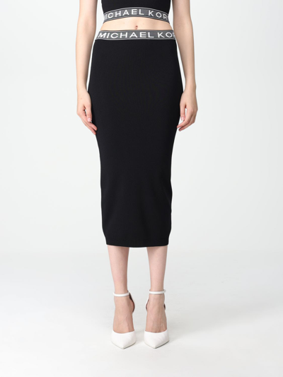 Michael Kors Logo Tape Stretch Viscose Midi Skirt In Black