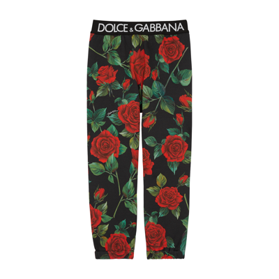 Dolce & Gabbana Kids' Logo玫瑰印花棉质运动裤 In Black,red