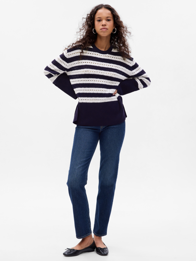 Gap 24/7 Split-hem Crochet Sweater In White & Navy Blue Stripe