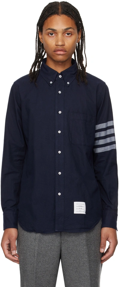 Thom Browne Solid Flannel Shirting 4-bar Nametag Straight Fit Shirt In Blue