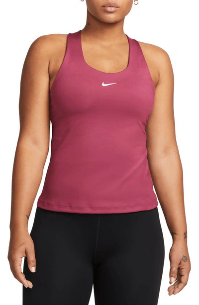 Nike Dri-fit Swoosh Bra Racerback Tank In Rosewood/ Rosewood/ White