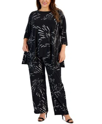 Jm Collection Plus Size Swing Top Wide Leg Pants Created For Macys In Deep Black Combo