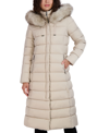 Tahari Womens Maxi Shine Bibbed Faux-fur-trimmed Hooded Puffer Coat In Pale Oak