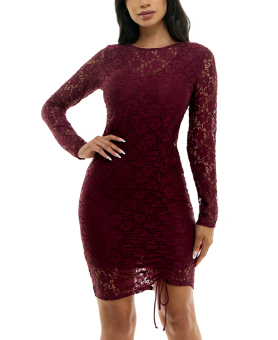 Bebe Lace Ruched Bodycon Dress In Wine
