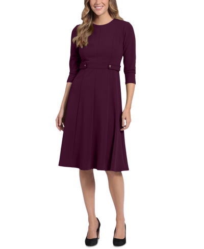 London Times Plus Size 3/4-sleeve Tab-waist Fit & Flare Dress In Luxe Plum