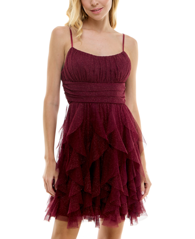 Pear Culture Juniors Womens Lace Up Mini Cocktail And Party Dress In Burgundy