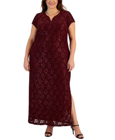 Connected Plus Size Sequined Lace Gown In Bordeaux