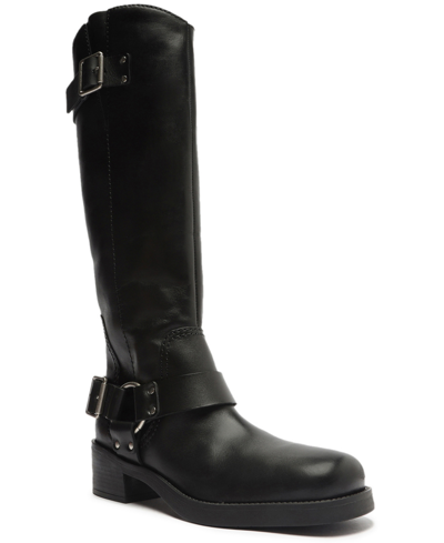 Arezzo Clara Knee-high Womens Leather Tall Motorcycle Boots In Black