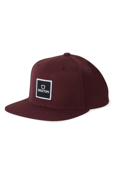 Brixton Alpha Square Snapback Baseball Cap In Dark Burgundy