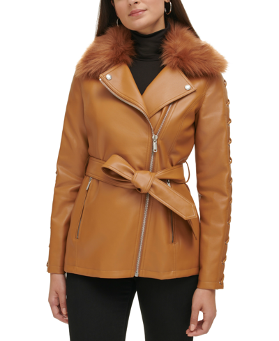 Guess Women's Faux-fur-trim Faux-leather Belted Jacket In Honey