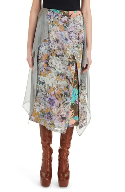 Dries Van Noten Sosta Floral Bouquet Drape Contrast Panel Silk Blend Skirt In Beige Grey