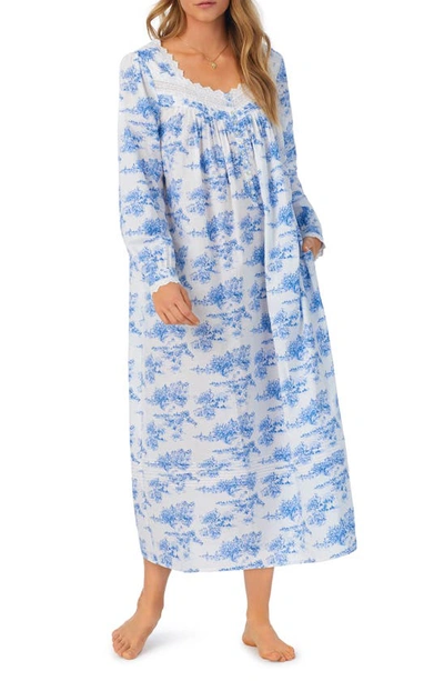 Eileen West Long Sleeve Cotton Lawn Ballet Nightgown In White/ Blue