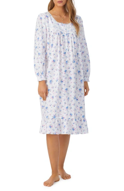 Eileen West Long Sleeve Flannel Waltz Nightgown In Wht/ Blue