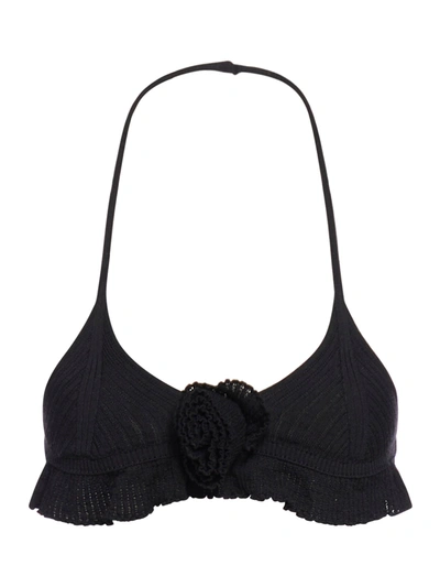 Blumarine Knitted Bra With Rose Décor In Black