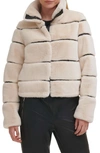 Karl Lagerfeld Womens Faux-leather Trim Faux-fur Short Coat In Oyster
