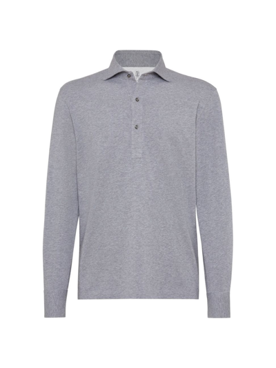 Brunello Cucinelli Men's Cotton Jersey Long Sleeve Basic Fit Polo With Shirt-style Collar In Grey