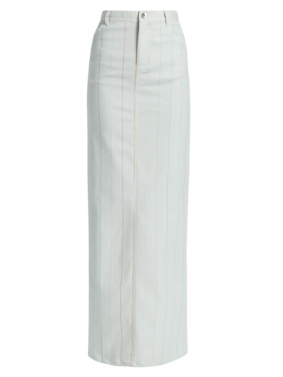 Bruceglen Pinstripe Printed High Waist Maxi Denim Skirt In White Pinstripe