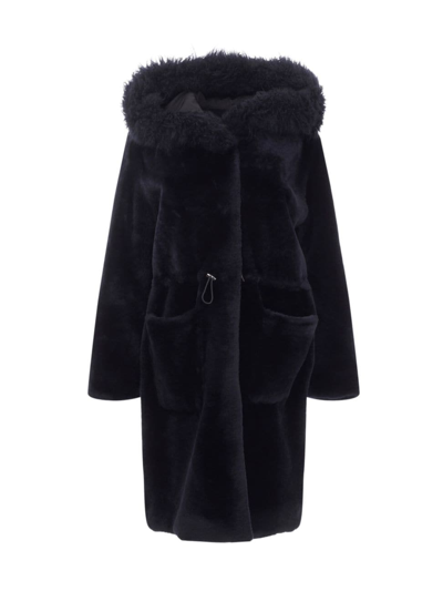 Gorski Women's Shearling Lamb Parka With Cashmere Goat Hood Trim Coat In Navy Blue