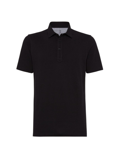 Brunello Cucinelli Men's Cotton Piqué Slim Fit Polo With Shirt-style Collar In Black