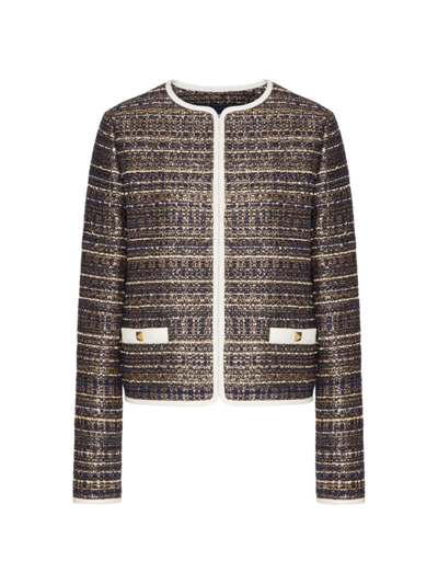 Valentino Tweed Party Short Jacket In Navy,gold,ivory