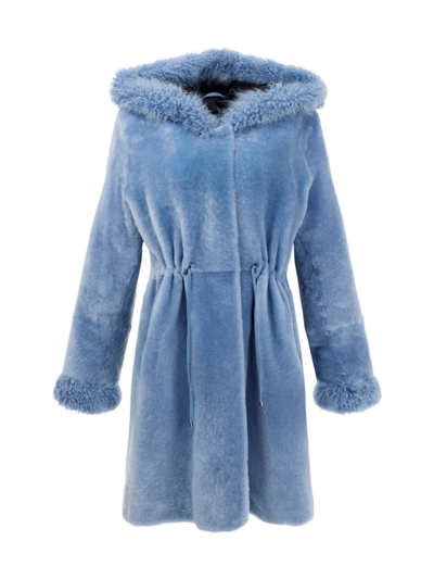 Gorski Women's Shearling Lamb Parka With Cashmere Goat Hood Trim & Cuffs In Sky Blue