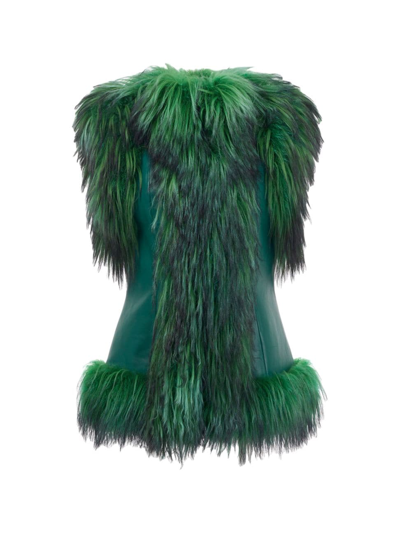 Gorski Goat Fur-trim Collarless Leather Waistcoat In Green