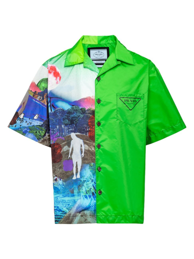 Prada Double Match Re-nylon Short-sleeve Shirt In Green