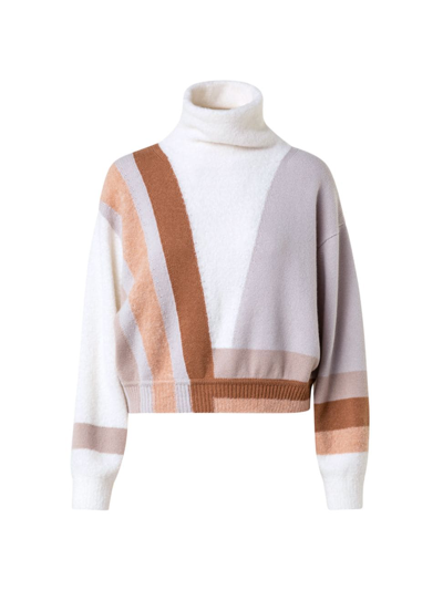 Akris Cashmere Silk Boucle Zigzag Intarsia Sweater In Camel-multicolor