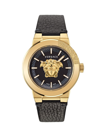 Versace Men's Swiss Medusa Infinite Black Leather Strap Watch 47mm In Yellow Gold