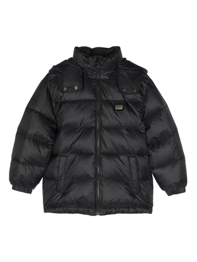 Dolce & Gabbana Kids' Logo-plaque Hooded Padded Coat In Black