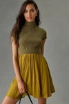 By Anthropologie Short-sleeve Mock-neck Twofer Sweater Mini Dress In Green