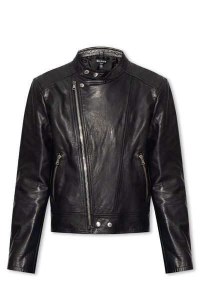 Balmain Embossed Paris Logo Leather Biker Jacket In Black