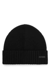 Hugo Boss Ribbed Beanie Hat In Virgin Wool In Black