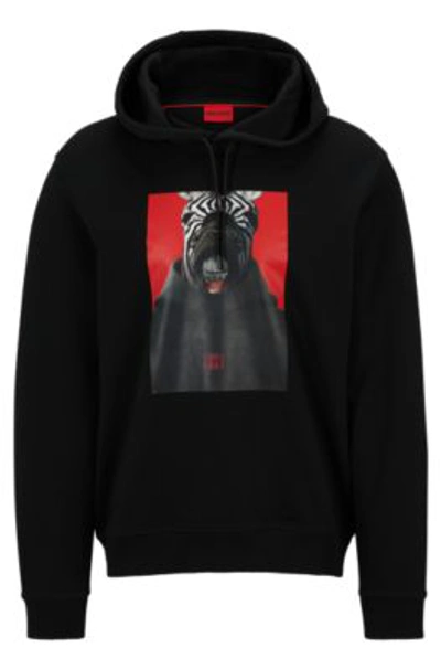 Hugo Graphic-print Hoodie In French-terry Cotton In Black