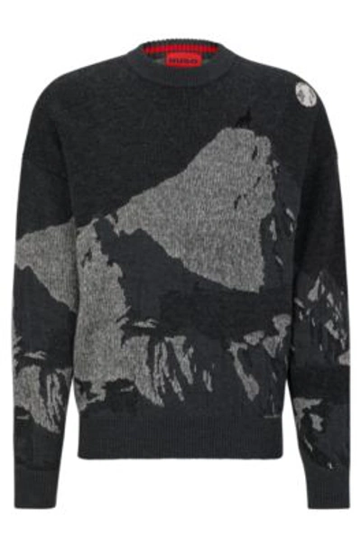 Hugo Wool-blend Oversize-fit Sweater With Seasonal Jacquard In Dark Grey