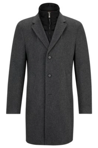 Hugo Boss Wool-blend Coat With Zip-up Inner In Grey