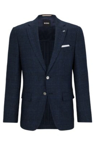 Hugo Boss Slim-fit Jacket In A Checked Stretch-wool Blend In Dark Blue