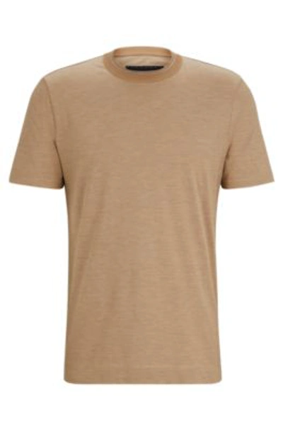 Hugo Boss Cotton-silk T-shirt With Fineline Stripes And Double Collar In Beige