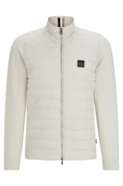 Hugo Boss Mixed-material Knitted Jacket With Logo Badge In White